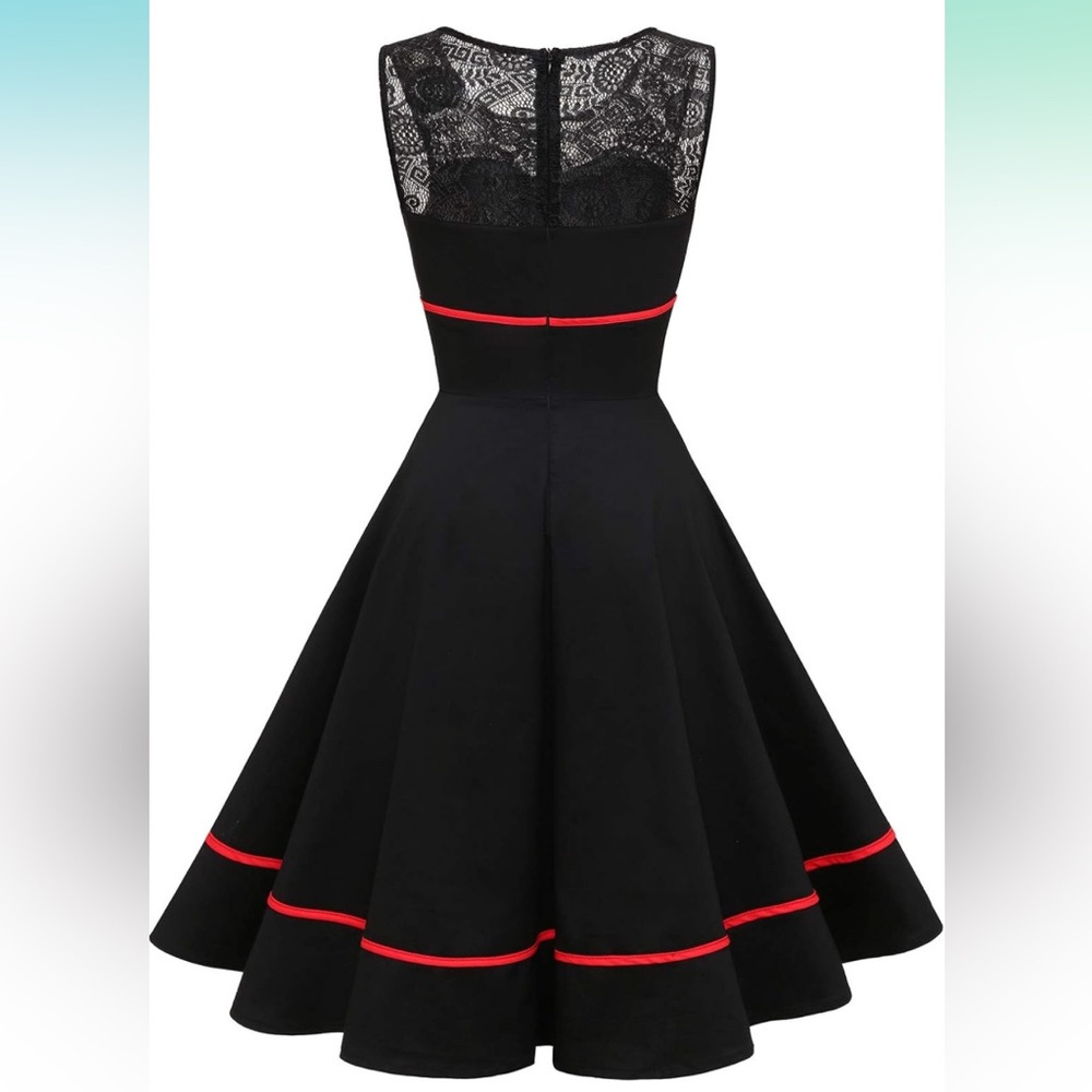 Black Lace Fit-and-Flare Midi Dress with Red Trim - Picture 2 of 11